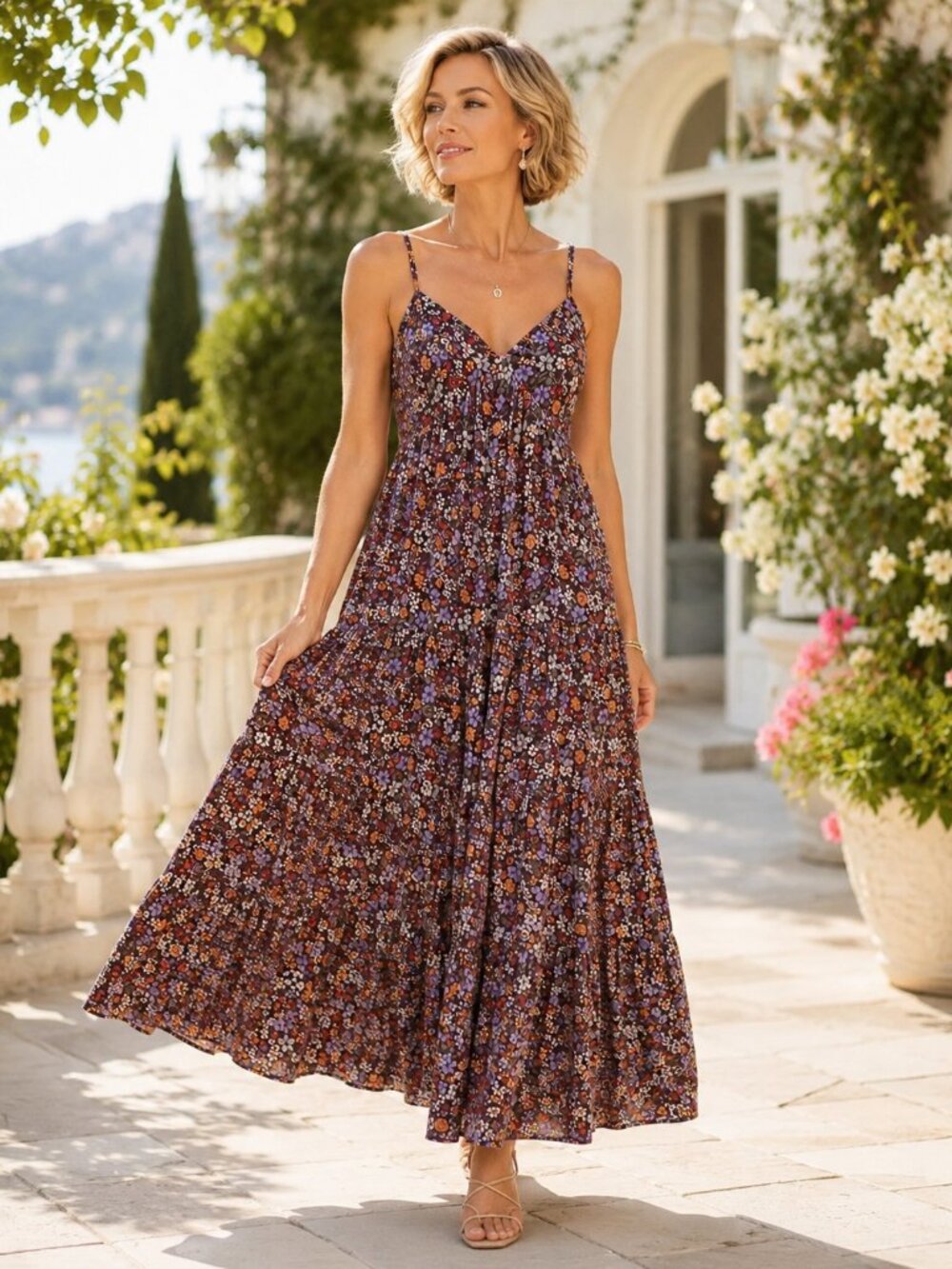 Crystal Doll Brown Floral Spaghetti Strap Maxi Dress XS